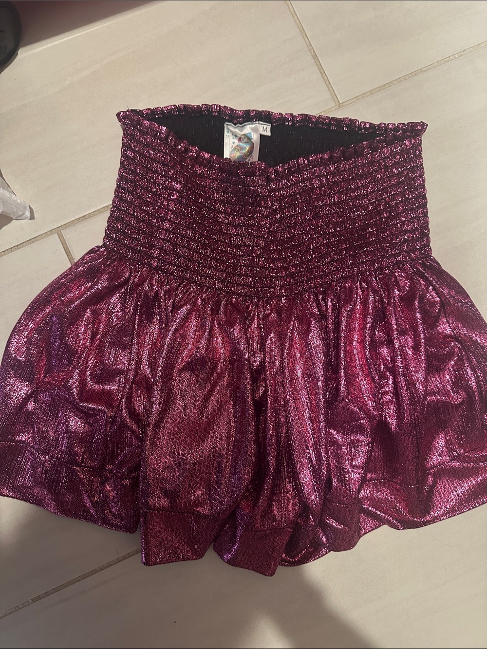QUEEN OF SPARKLES Metallic Plum Smocked Mini Shorts